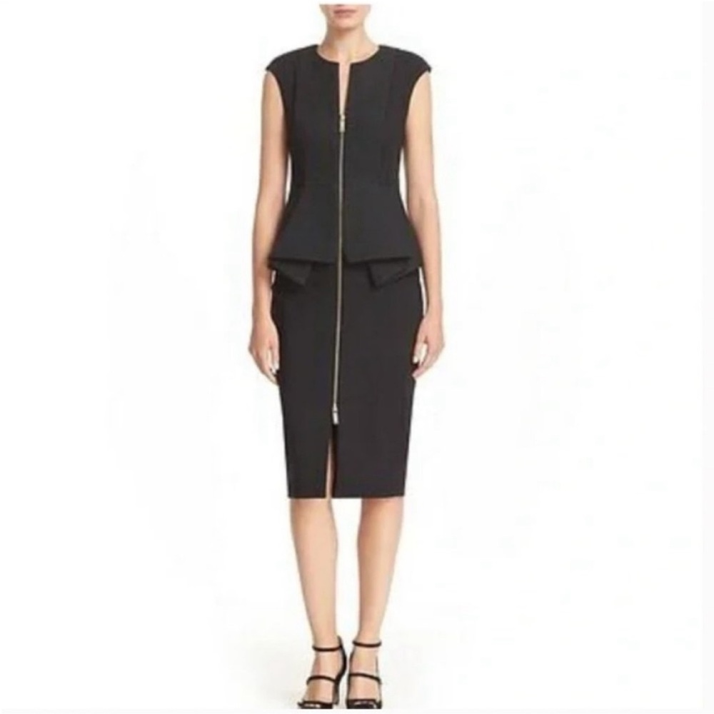 Ted Baker London Jumana Zip Front Peplum Sheath Midi Dress Sz.10 Black&Greenish